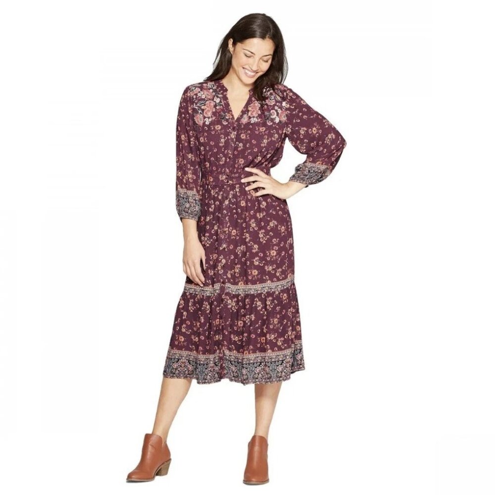 Knox Rose Burgundy Floral Size S Long Sleeve Midi Dress Boho Cottagecore Peasant
